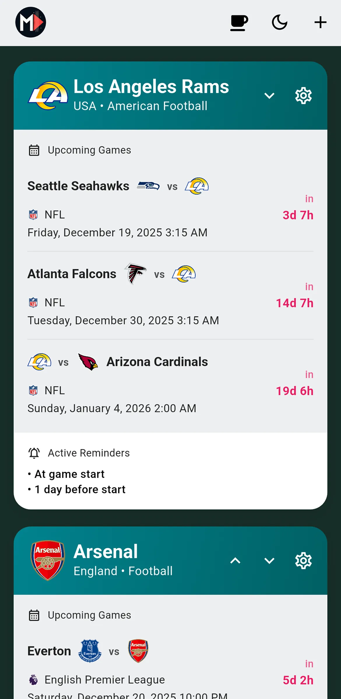 Game Reminder Mobile App Interface Dashboard